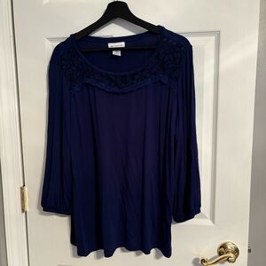 Liz Claiborne Navy Blue 3/4 Sleeve Top with Lace Detail Size XL